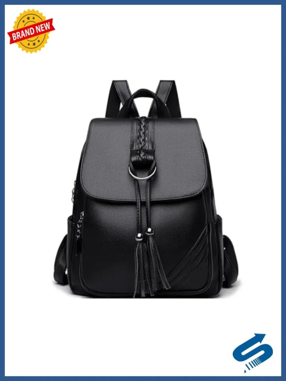 Vintage PU Leather Backpack Tassel Handbag Daypack with Multiple Pockets for
